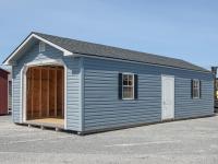 14x32 Peak Single-Car Garage With Twilight Blue Vinyl Siding, White Overhead Door, Black Shutters, and Shingle Roof